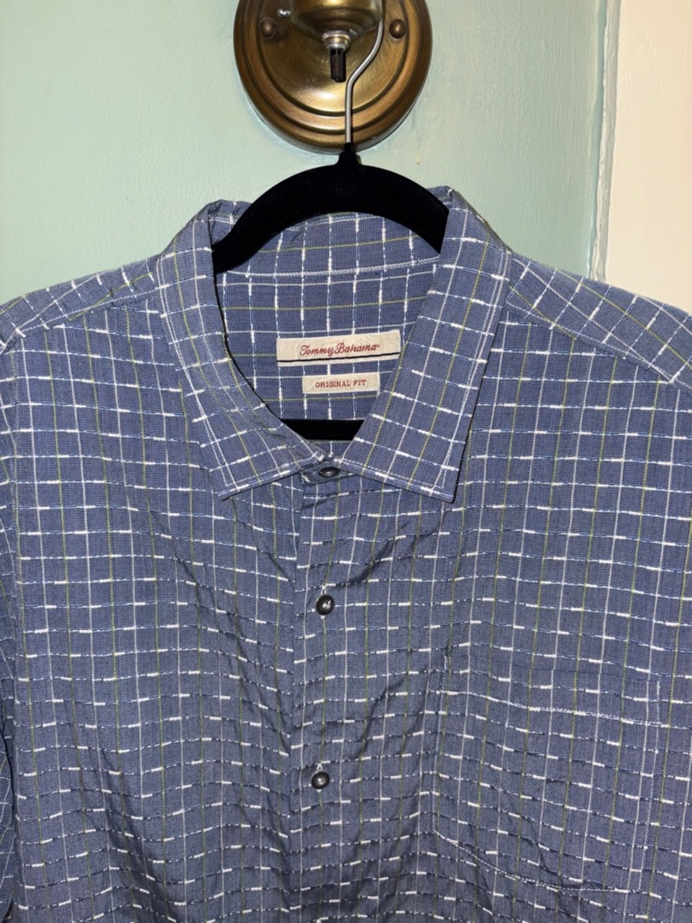 Tommy Bahama Silk Blend Shirt Mens XL Blue Textured Grid Button Up Short Sleeve